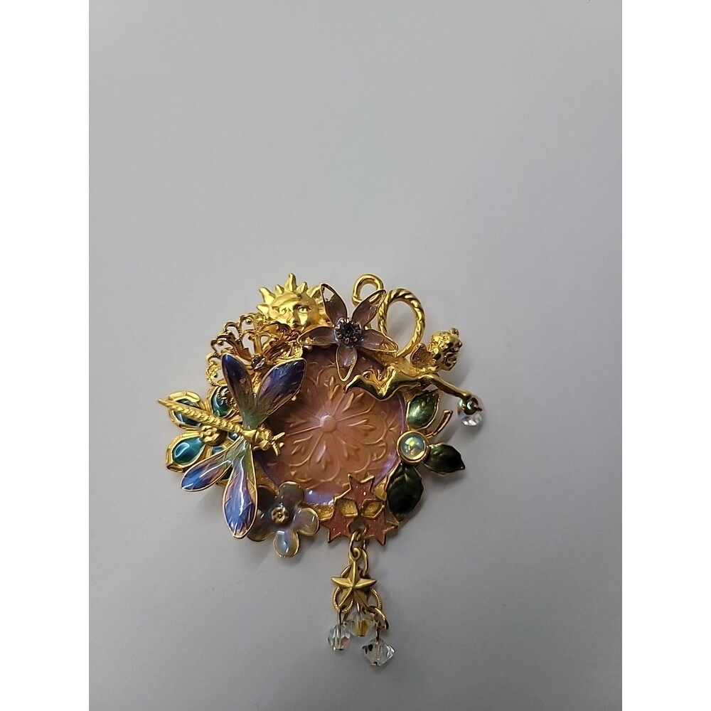Vintage Kirks Folly Fairy Dragonfly Garden Brooch Iridescent Medallion Retired - Picture 3 of 16